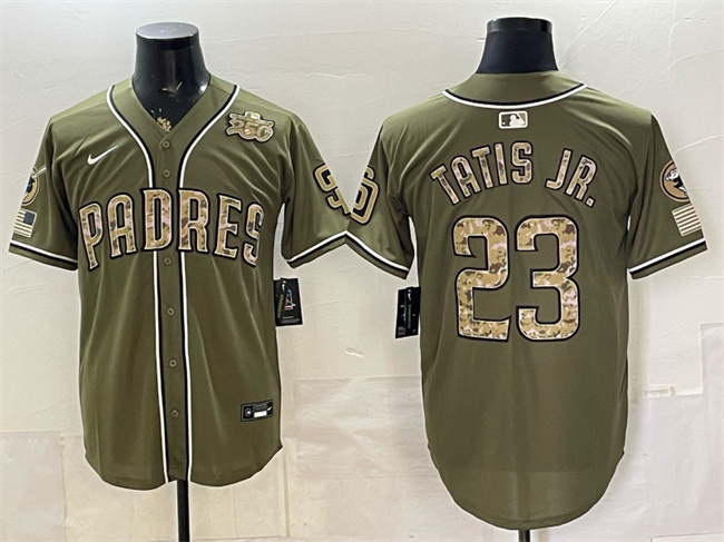 Men's San Diego Padres #23 Fernando Tatis Jr. Olive 2026 Armed Forces Day Stitched Baseball Jersey Men's San Diego Padres #23 Fernando Tatis Jr. Olive 2026 Armed Forces Day Stitched Baseball Jersey